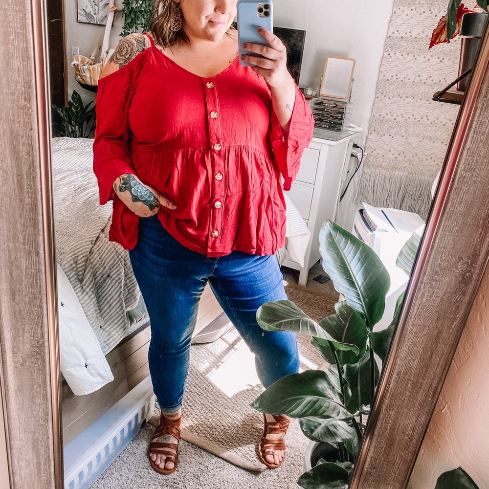 Torrid Red Button-Front Blouse - Picture 3 of 4